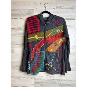Rising International women's L cotton boho embroidered zip up hoodie sweatshirt